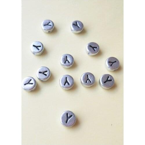 New Arrival 500pcs/lot 4*7MM Single Initial Y Printing Acrylic Letters Beads Vintage Silver Color Plastic Alphabet Initial Beads