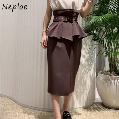 Neploe 2021 Autumn New Jupes Japan Style Sweet Faldas Solid Plaid High Wasit Button Belted Folds Front Slit Women Hip Skirts