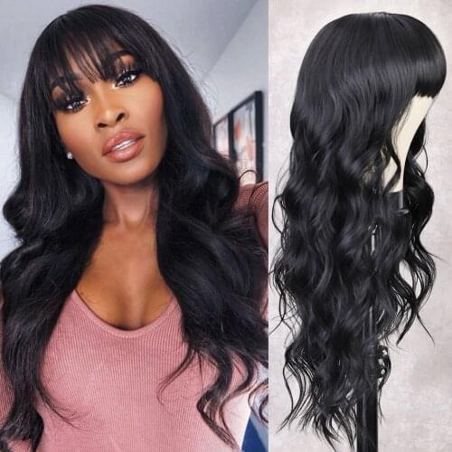 Is a wig Long Black Wavy Synthetic Wigs for Women with Bangs Heat Resistant Natural Hairline Black Blonde Wigs