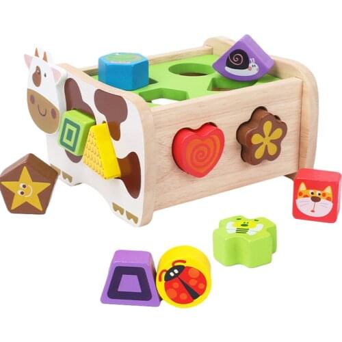 Intelligence Wooden Box Shape Sorter Toys Cow Look With 12 Geometric Shape Building Blocks Children Montessori Educational Toy