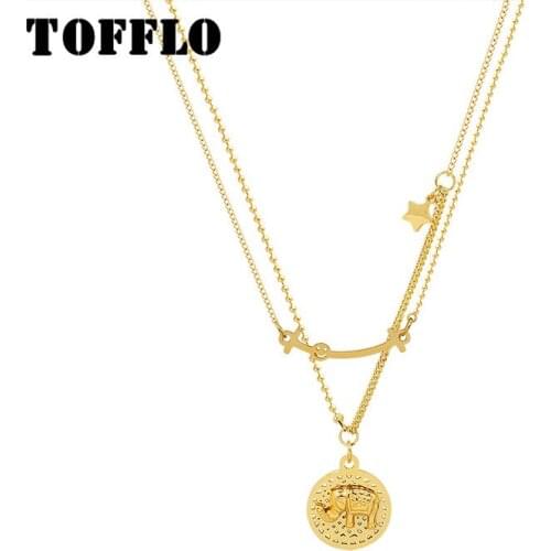 TOFFLO Stainless Steel Jewelry Elephant Round Brand Pendant Double Layer Stacked Necklace Female Sweet Clavicle Chain P931