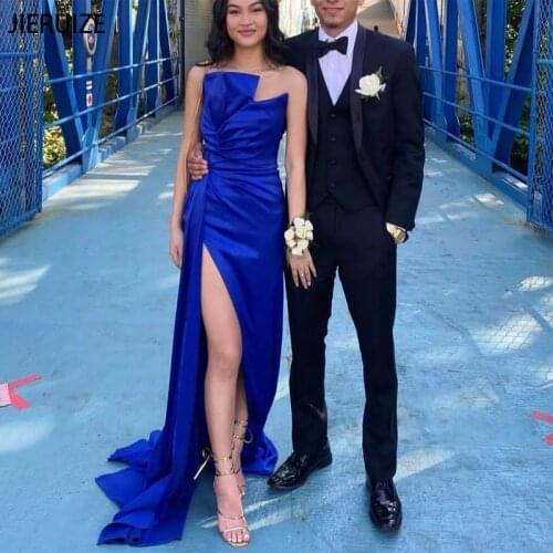 JIERUIZE Royal Blue Sexy Evening Dresses 2021 Bow High Side Slit Long Prom Party Dresses Evening Gowns Formal Dress