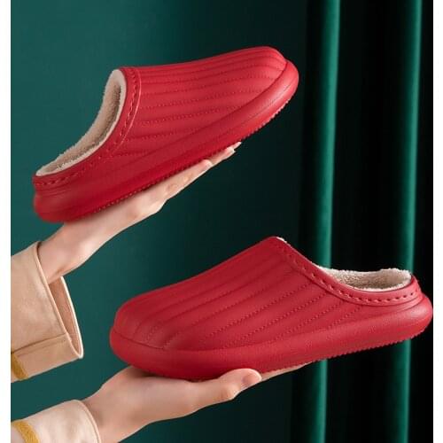 Waterproof Slippers EVA Plush Cotton Slippers Women Thick-soled Winter Indoor Non-slip Couples Home Mens Home Bag Heel YK