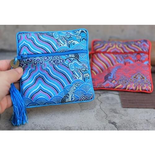 Wave Small Zipper Coin Purse Bag Jewelry Chinese Silk Brocade Pouch Bracelet Gift Bag Credit Card Holder Women Pocket 3pcs/lot