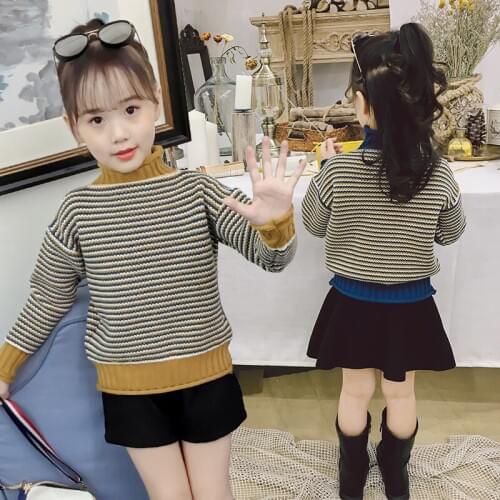 Girls Knitted Turtleneck Sweater Fall Winter Childrens Fashion Striped Knitwear Clothes Kids Casual Cartoon Deer Pullovers B243