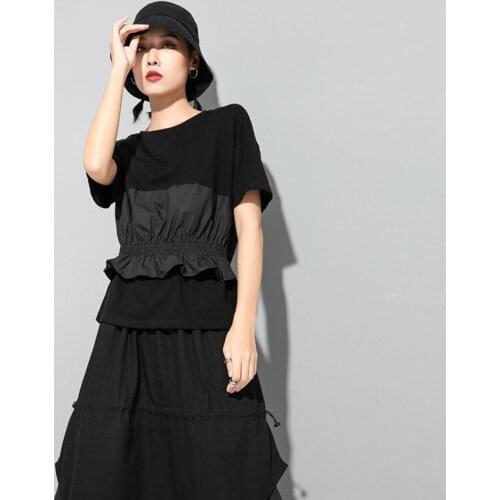 Womens new summer fashion womens street personality splicing ruffled design casual large size short sleeve T shirt