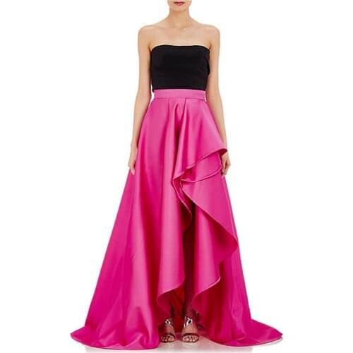 Vintage Fuchsia High Low Taffeta Long Skirts For Elegant Women To Formal Party Long Skirt Spring Style Pleat Ruffles Zipper