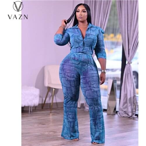 VAZN 2021 Summer Wind Print Full Sleeve V-neck Top Sexy Club Long Pant Skinny Women 2 Piece Set