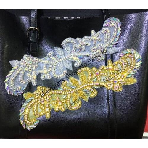 1pc/lot fashion long flower trims gold AB silver AB crystal rhinestone applique for dancing dress coat bags garment decoration