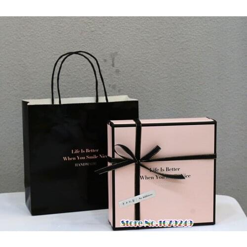19.8*19.8*6.8cm Pink color Cake sugar paper box with black edge,candy biscuit box,snacks Packaging gift square Boxes 100pcs/lot
