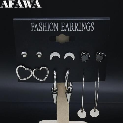 2021 Geometric Heart Stainless Steel Stud Earrings Set for Women Silver Color Earrings Fashion Jewelry aretes de mujer E612837
