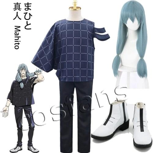 Anime Kaisen Mahito Cosplay Costume Pants Top Outfits Jujutsu Kaisen Mahito Cosplay Wig Blue Hair Double braid Costume Wig Props