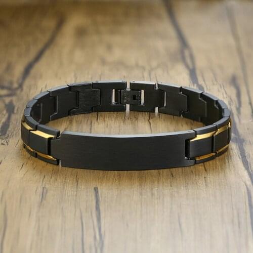 Free Custom Engraving Heavy Chain Bracelet 12mm Mens Black Matt Finish Curved Bar Charm Bracelet in Stainless Steel