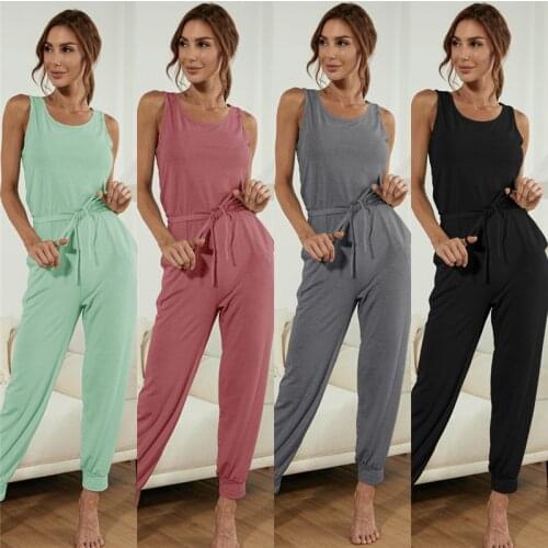 Fashion Women Summer Casual Loose Jumpsuits Drawstring Design Pockets Decor O-Neck Sleeveless O-Neck Solid Color Jumpsuits