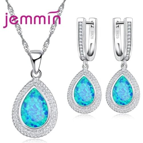 Big Luxury Fire Blue Opal Water Drop Necklace Earrings Set High-Grade Women 925 Sterling Silver Crystal Jewelry Sets