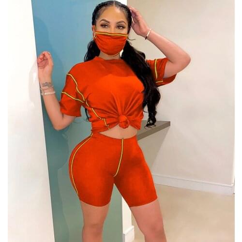 Striped Patchwork Two Piece Set Women Tracksuit Summer Clothes Short Sleeve Crop Top Biker Shorts Set Sportwear Dresy Damskie