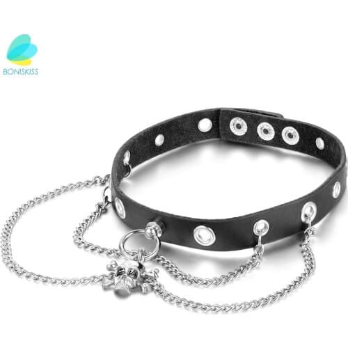 BONISKISS Unisex Punk Rock Leather Necklace Skull with Chains Handmade Harajuku Black Choker Collar 16.5 inches