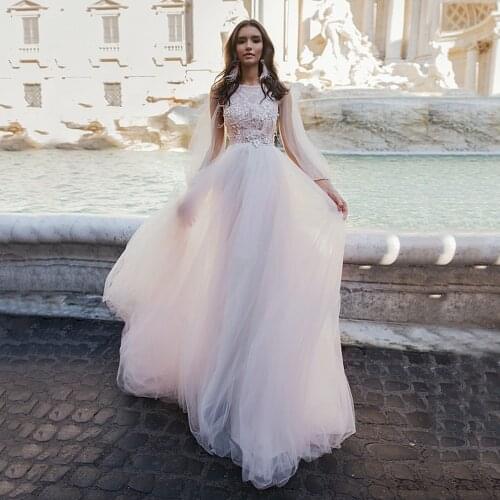 See Through Scoop Long Puffy Sleeve Lace Appliques Bridal Gowns Tulle A-Line Boho Wedding Dress 2020 Vestido De Noiva