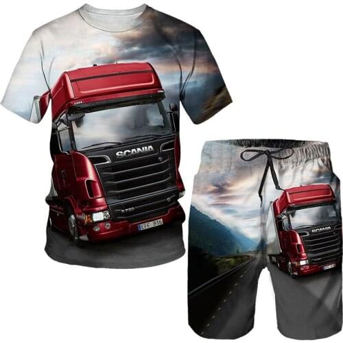 T-shirt suit summer new mens and womens tops + shorts 3D printing big truck Harajuku pullover short-sleeved sportswear