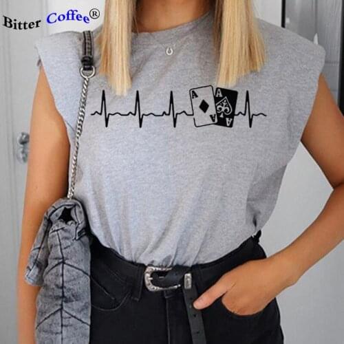 Summer tee shirt poker heartbeat shirt anime Women clothes Sexy Sleeveless cotton cheap custom printed t shirts Drop Shipping