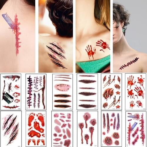Mini Halloween Bloody Wound Scary Scars Waterproof Temporary Tattoo Stickers Halloween Terror Wound Realistic Stitched Injuries