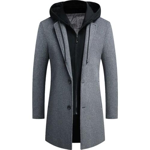 2020 Mens Hooded Wool Jacket Winter Autumn Mens Long Windproof Wool Coat Casual Thick Slim Fit Jacket Male SA951