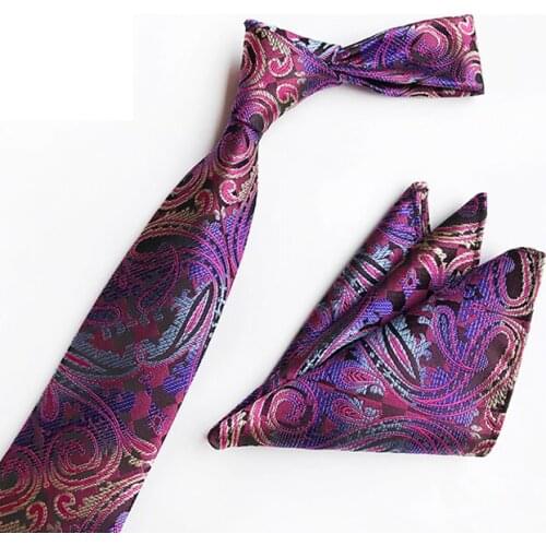 Mens Necktie Pocket Square Set Purple Paisley Ties with Handkerchief