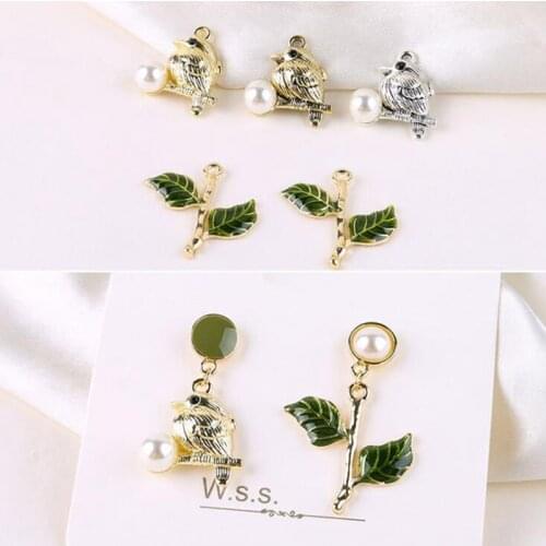 10pcs/lot Zinc Alloy Pearl Bird Green Leaves Charms Pendant For DIY Handmade Jewelry Earring Earring Material Accessories