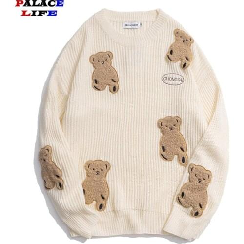 Embroidery Flocking Bears Knitted Jumper Sweaters Men Streetwear Hip Hop Couples 2021 Harajuku Casual Sweater Fashion Tops Male