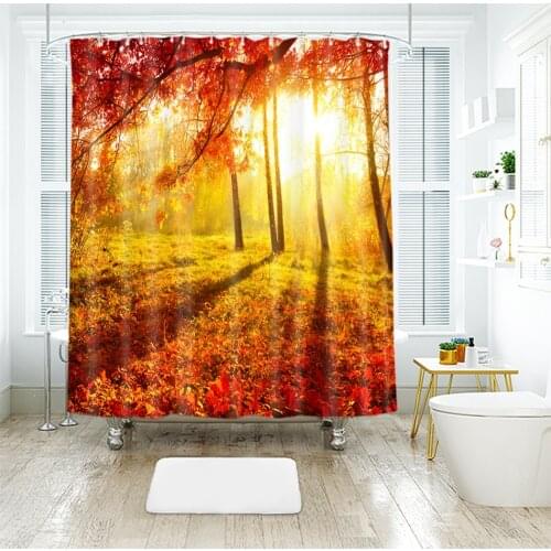 3d Natural Golden Leave and Boat Autumn Scenery Shower Curtains Waterproof Thickened Bath Curtains for Bathroom Customizable
