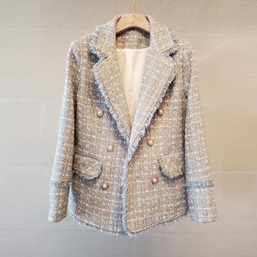 New Arrival Vintage Double Breasted Frayed Tweed Jacket Coat Womens High Quality Ladies Outerwear Casual Casaco Femme