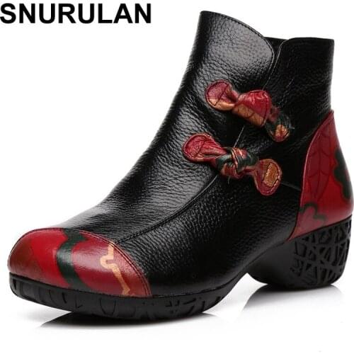 SNURULAN autumn and winter women National trend genuine leather boots handmade vintage motorcycle ankle Shoes flower Martin Boot