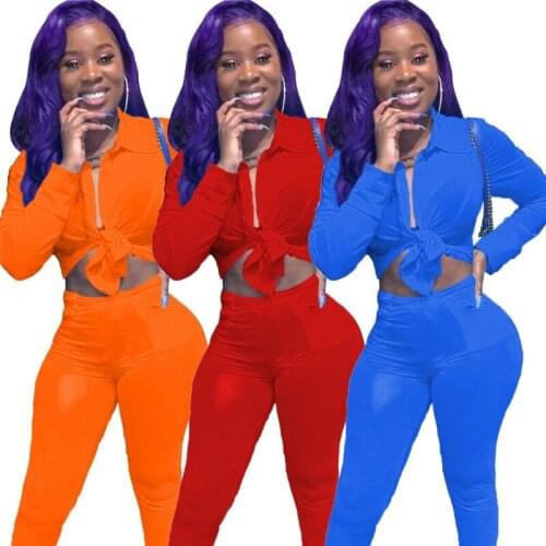 Solid Color Zipper Sexy Crop Tshirts & Trousers Women Two Piece Outfits 2020 Autumn Simple Style Fashion Casual Suits