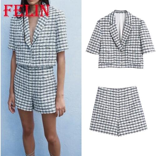 Za 2021 Women Elegant Plaid Office Wear Suit V Neck Double Breasted Short Blazer and High Waist Zipper Shorts Stylish Women Sets