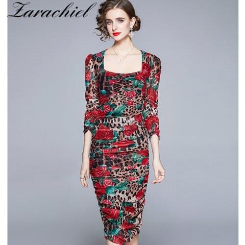 New 2021 Summer Floral Leopard Printed Mesh Stretch Sheath Dress Womens Square Collar Puff Sleeve Ruched Draped Midi Dress