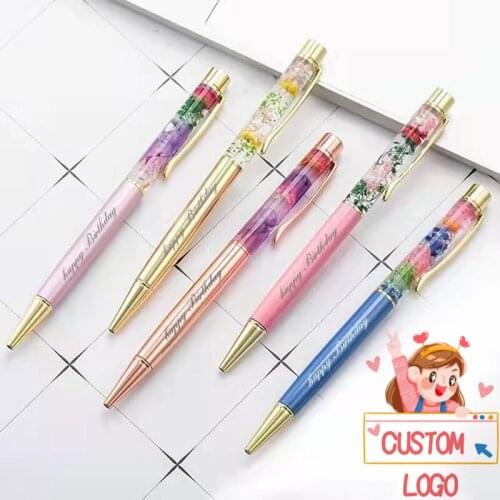 1pcs Creative Dried Flower Pen Metal Ballpoint Pen Private Customized Logo Engraved Name Birthday Gift Party Gift Sign Pen
