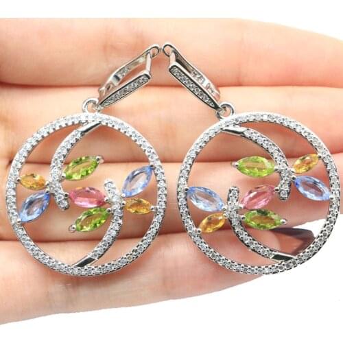 55x18mm Multi Color Long Created Tourmaline Citrine Peridot Violet Tanzanite Pink Kunzite Zircon For Women Silver Earrings