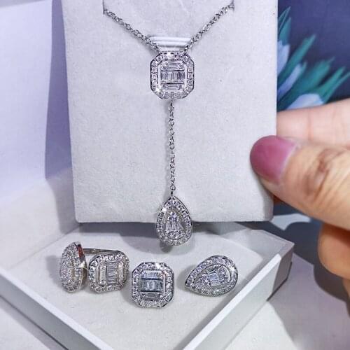 Designer original square long zircon necklace pendant, earrings, adjustable ring three-piece set, womens jewelry set