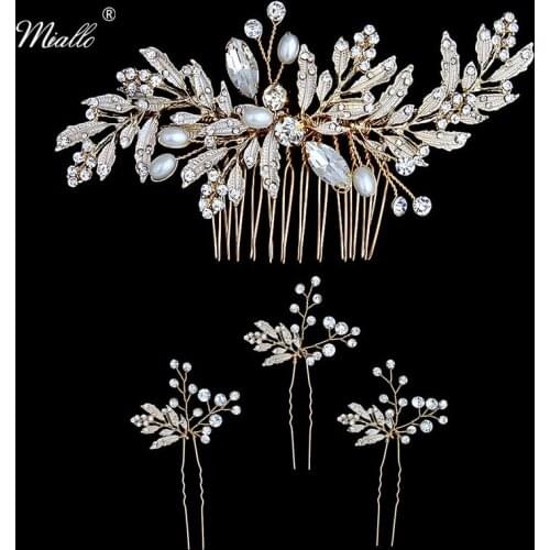 Miallo Newest Wedding Peals Hair Comb + 3pcs Hairpins for Bride Wedding Inlay Crystal Leaves Hair Jewelry Women