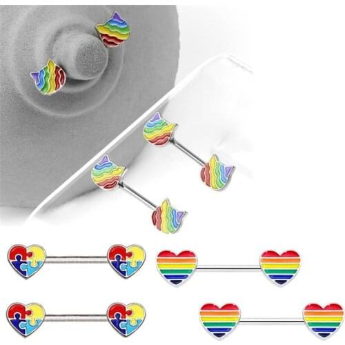 Oil Cartoon Cat Nipple Piercing Rainbow Striped Heart Barbell Charming Nipple Rings For Women Body Piercing Jewelry