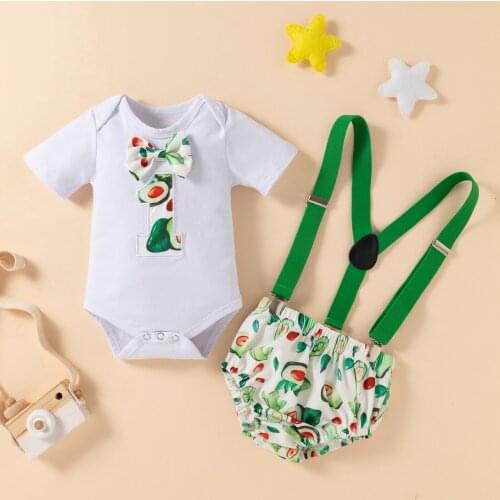2021 Kids Suit Set, Summer Avocado Print Round Neck Short Sleeve Romper+ Suspender Shorts for Boys
