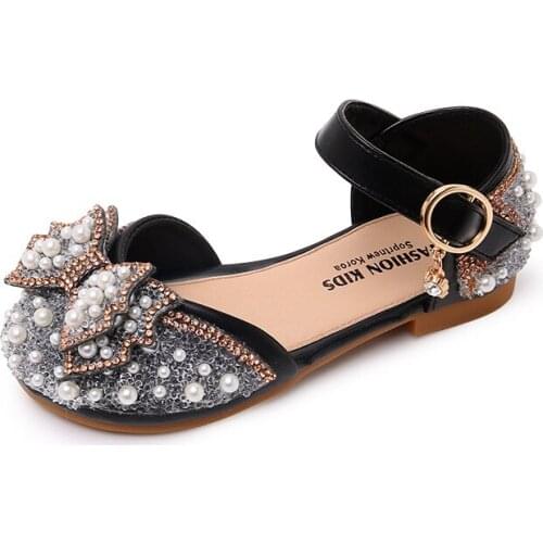 Children Girl Shoes Crystal Bling Princes Party Buckle Strap Bow-Knot Pearl Sneakers Kids Casual Flat Leather Soft Spring Summer