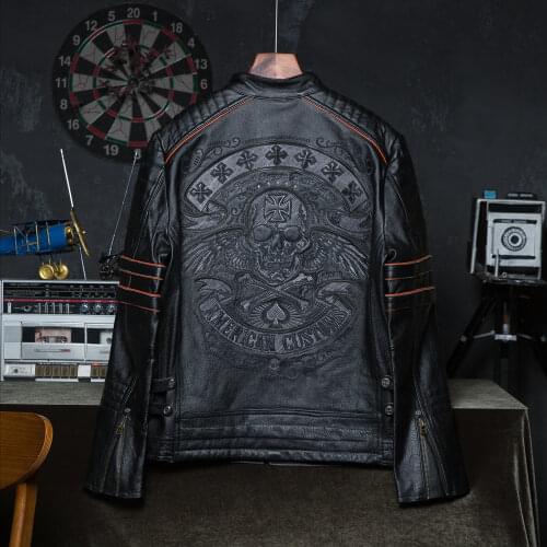 Embroidery Skull Motorcycle Jackets 100% Cowhide Men Genuine Leather Jacket Biker Coat Asian Size M-6XL Wholesale Drop Shipping