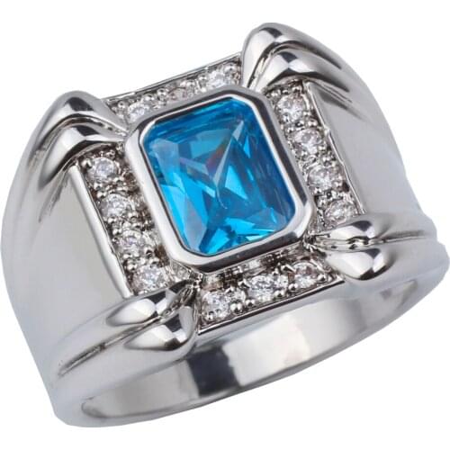 Rhodium Plated Men Ring Broad Band 7x9mm Sky Blue Cubic Zirconia Crystal Jewelry R128W
