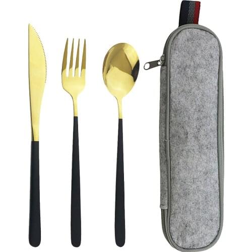 4Pcs Black Gold Dinnerware Set Travel Cutlery Set Camping Flatware Reusable Utensils Set with Spoon Fork Knife and Portable Bag