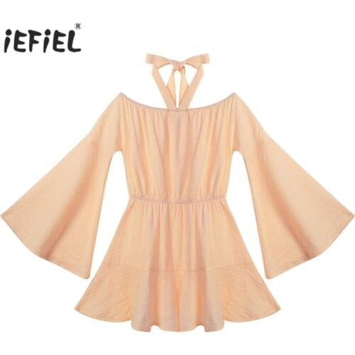 New Summer Kids Girls Jumpsuit Romper Fashion Pure Color Off-Shoulder Flared Long Sleeves Dress Jumpsuit Children Girls Overalls
