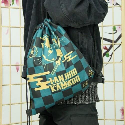 Demon Slayer Theme Motif Drawstring Canvas Bag Black Drawstring Gym Movement Backpack