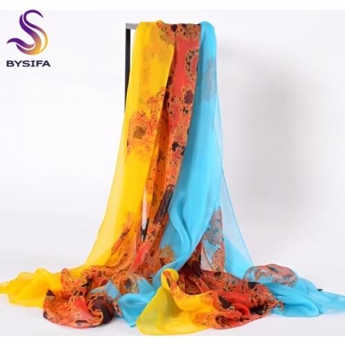 [BYSIFA] Scarves Fashion Woman 100% Mulberry Silk Chiffon Long Scarves 180*110cm Sky Blue Yellow Silk Scarf Shawl Wraps Bufandas