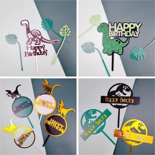 New Dinosaur Happy Birthday Cake Topper Acrylic Animals Birthday Cupcake Topper for Birthday Dinosaur Party Cake Decorations