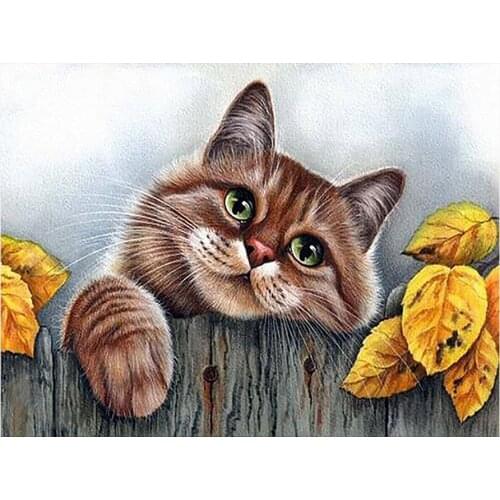 Fence Autumn Leaves Cat Diamond Painting Animal Round Full Drill DIY Needlework Mosaic Embroidery 5D Cross Stitch Picture